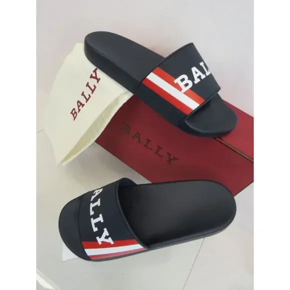 NIB BALLY SIMON NAVY INK RUBBER RED WHITE WEB LOGO SANDAL POOL SLIDES 11 D ITALY